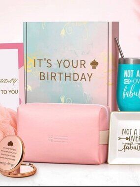 NEW-HAPPY BIRTHDAY FABULOUS GIFT BOX-loofah-mirror-12 oz tumbler-trinket tray